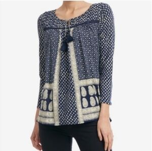 Women's Lucky Brand Blue & White Tassel Print Top - S